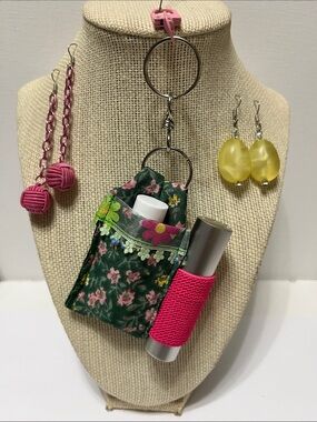 Gift Set Purple Floral Lip Balm & Mini Perfume Keychain Holder 2 pr earrings